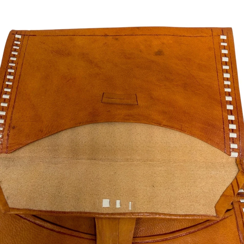 Vintage Hand Tooled Leather Wallet Tan Boho Floral Embossed Whipstitch Good
